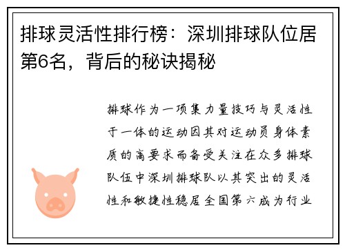 排球灵活性排行榜：深圳排球队位居第6名，背后的秘诀揭秘