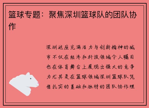 篮球专题：聚焦深圳篮球队的团队协作