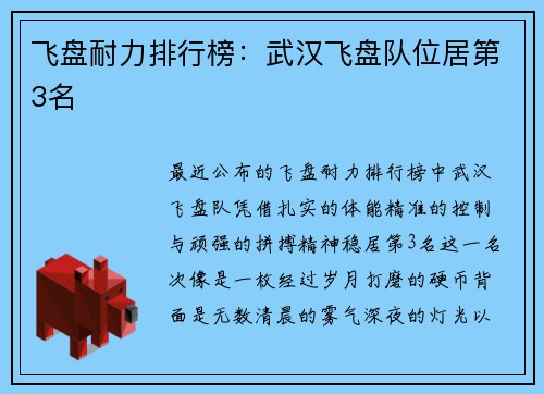 飞盘耐力排行榜：武汉飞盘队位居第3名